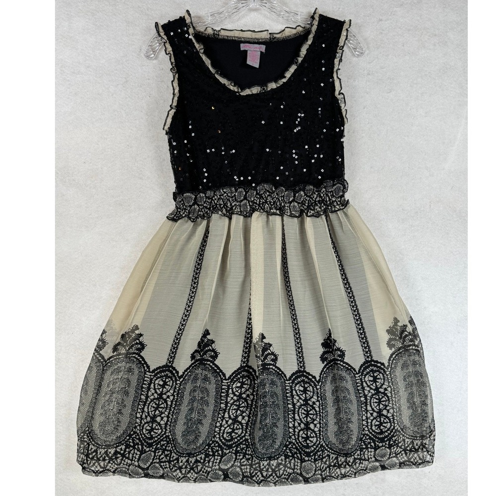 Ultra Pink Sequin Lace Border Print Dress Black Cream Sleeveless Party Small Y2K
